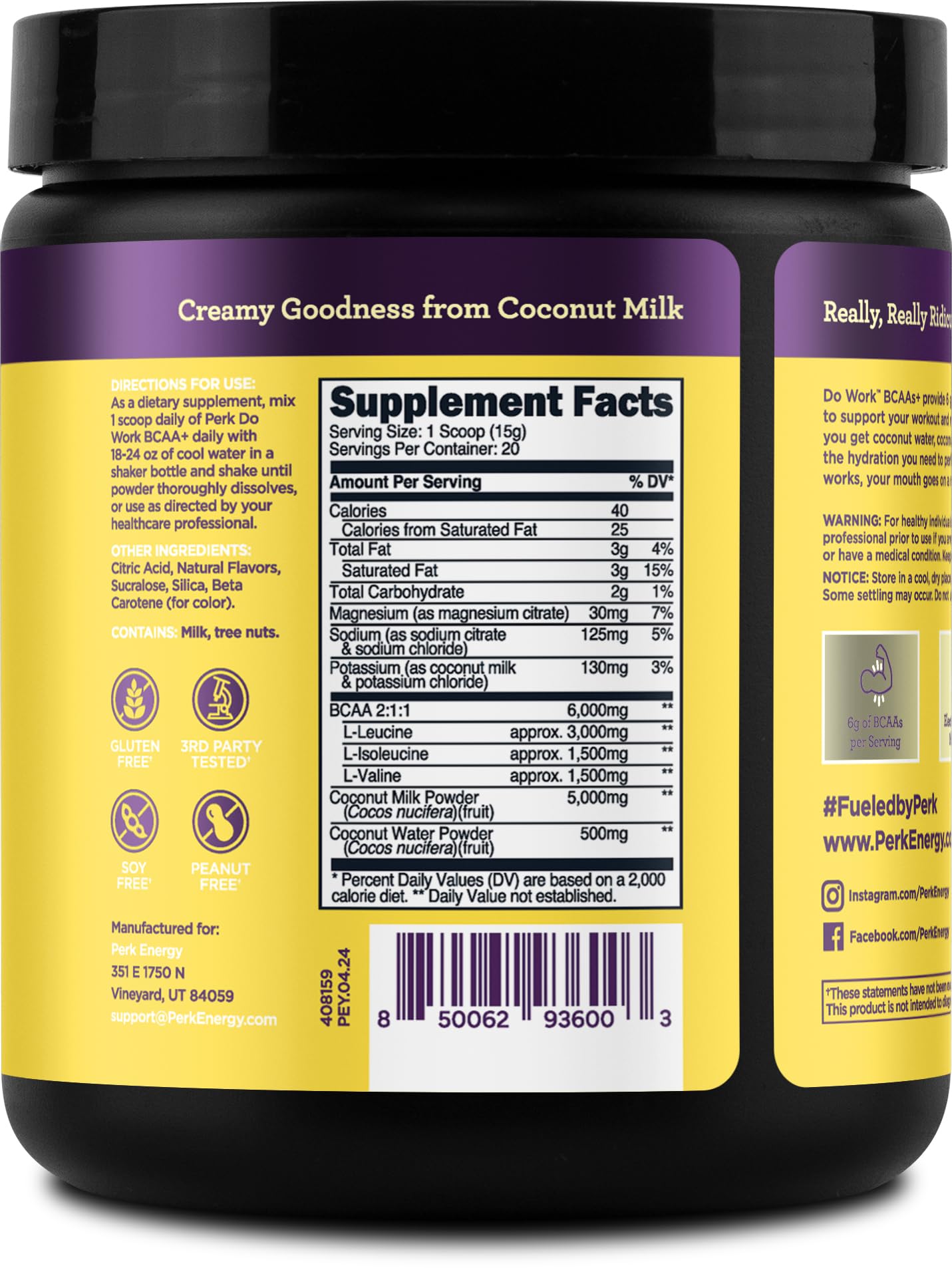Perk BCAAs + Hydration Electrolytes Powder โ Lemon Tart, 20 Servings