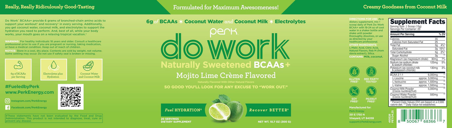 Perk Do Work BCAAs+ Mojito Lime Creme โ 20 Servings, Gluten-Free, Soy-Free