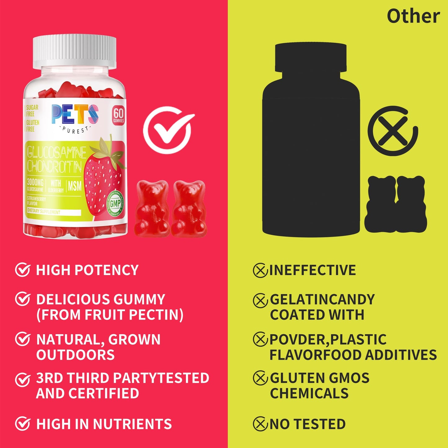 Pets Purest Glucosamine Chondroitin Gummies with MSM & Elderberry Extra Strength - Joint Support, Antioxidant Immune Support Supplement for Adults, Men & Women.(2 Pack) Strawberry
