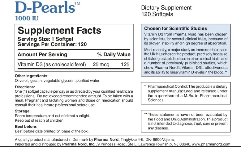 Pharma Nord D-Pearls Vitamin D3 25 mcg (1000 IU) โ 120 Softgels