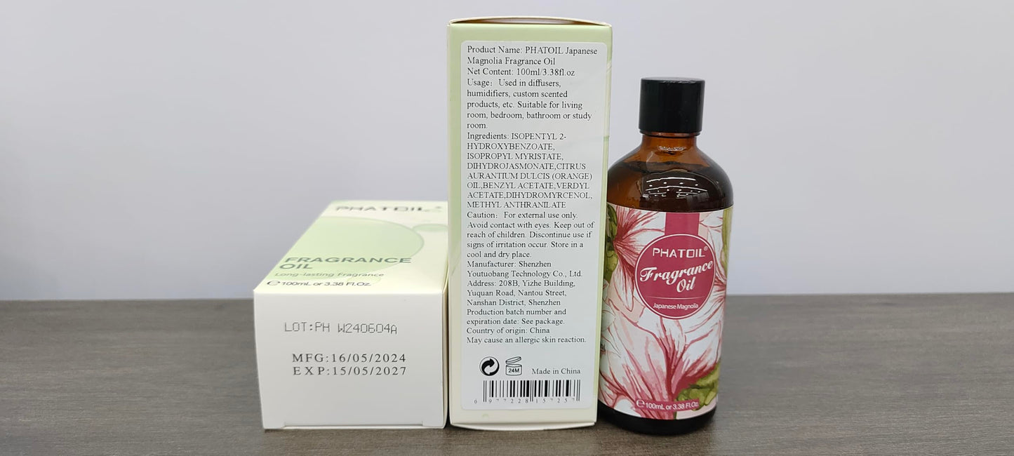 PHATOIL Japanese Magnolia Fragrance Oil โ 3.38 fl oz / 100ml for Diffusers, Aromatherapy, DIY Candles & Soaps