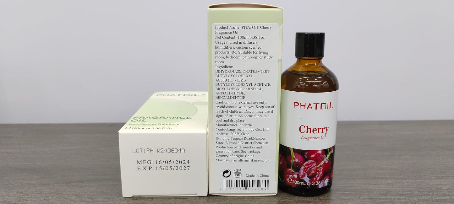 PHATOIL Cherry Fragrance Oils โ 100ml (3.38 fl oz) for Aromatherapy, Diffusers, Candles & Soaps