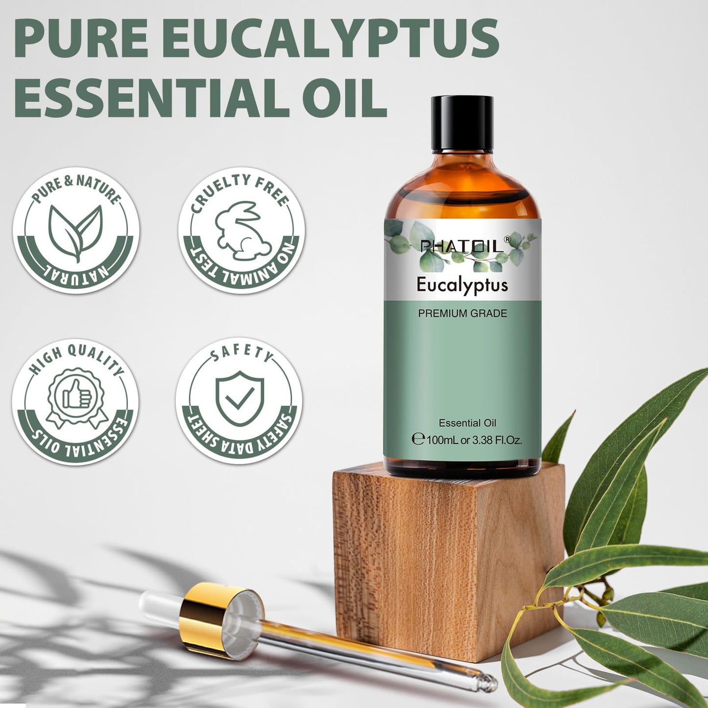 PHATOIL Pure Eucalyptus Essential Oil โ 100% Pure Therapeutic Grade, 3.38 Fl Oz (100 ml)