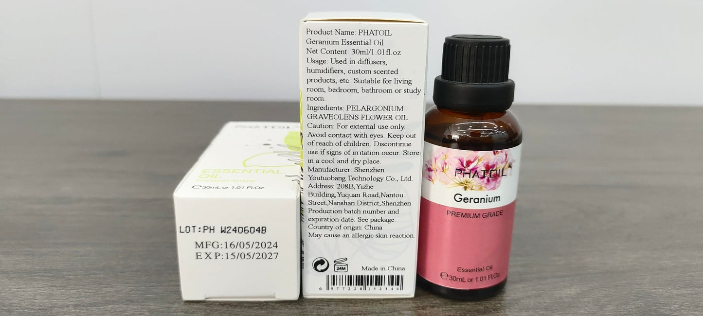 Geranium Essential Oil 1.01fl.oz/30ml โ PHATOIL Premium Long Lasting Scent for Aromatherapy, Diffuser, DIY Soap & Candle Making