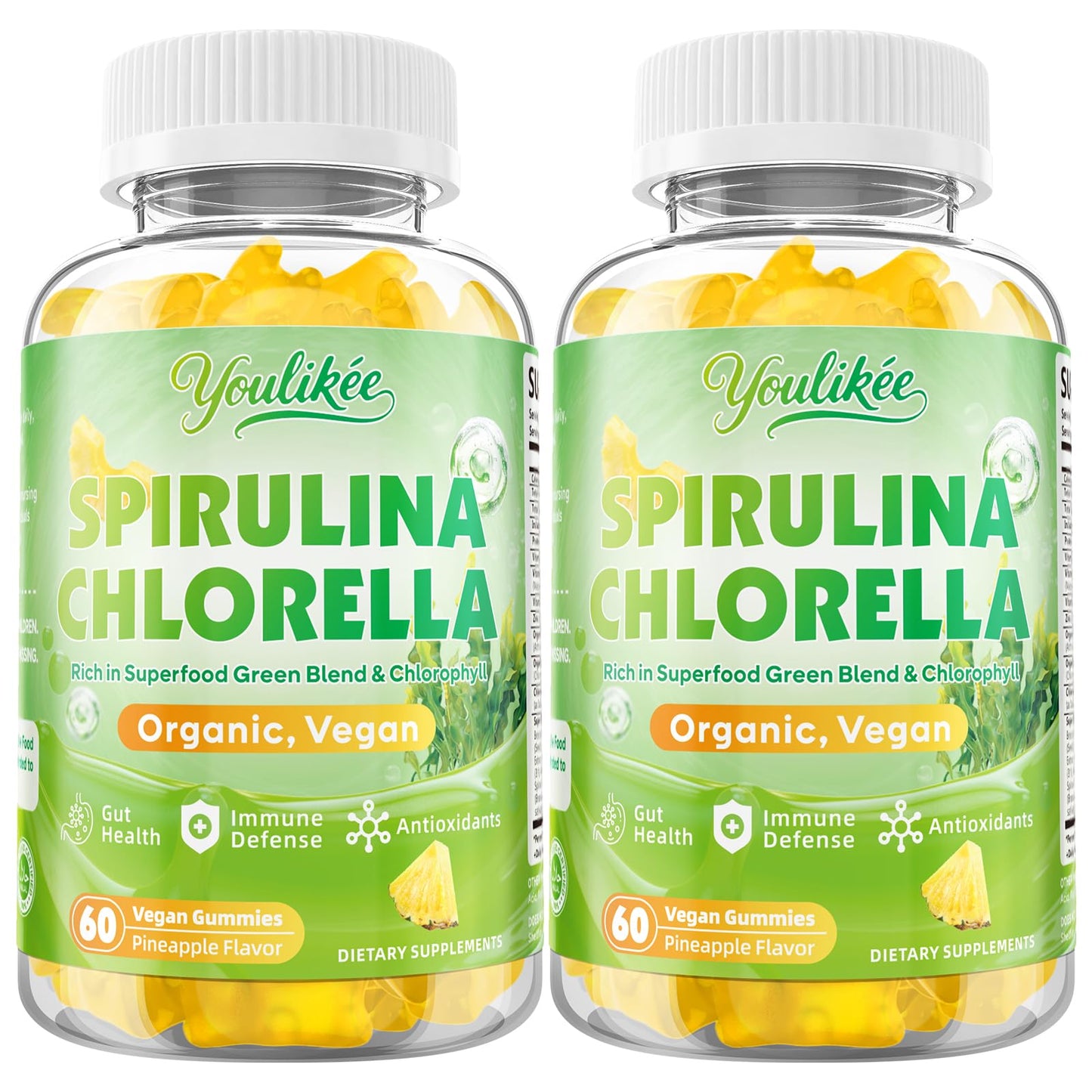 2 Pack Organic Spirulina & Chlorella Gummies โ Pineapple Flavor, Vitamin C & Zinc