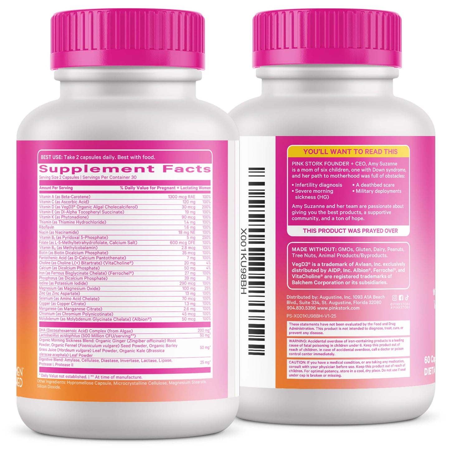 Pink Stork Premium Prenatal Vitamins β Organic Whole-Food Blend with Methylated Folate, Choline & Vegan DHA
