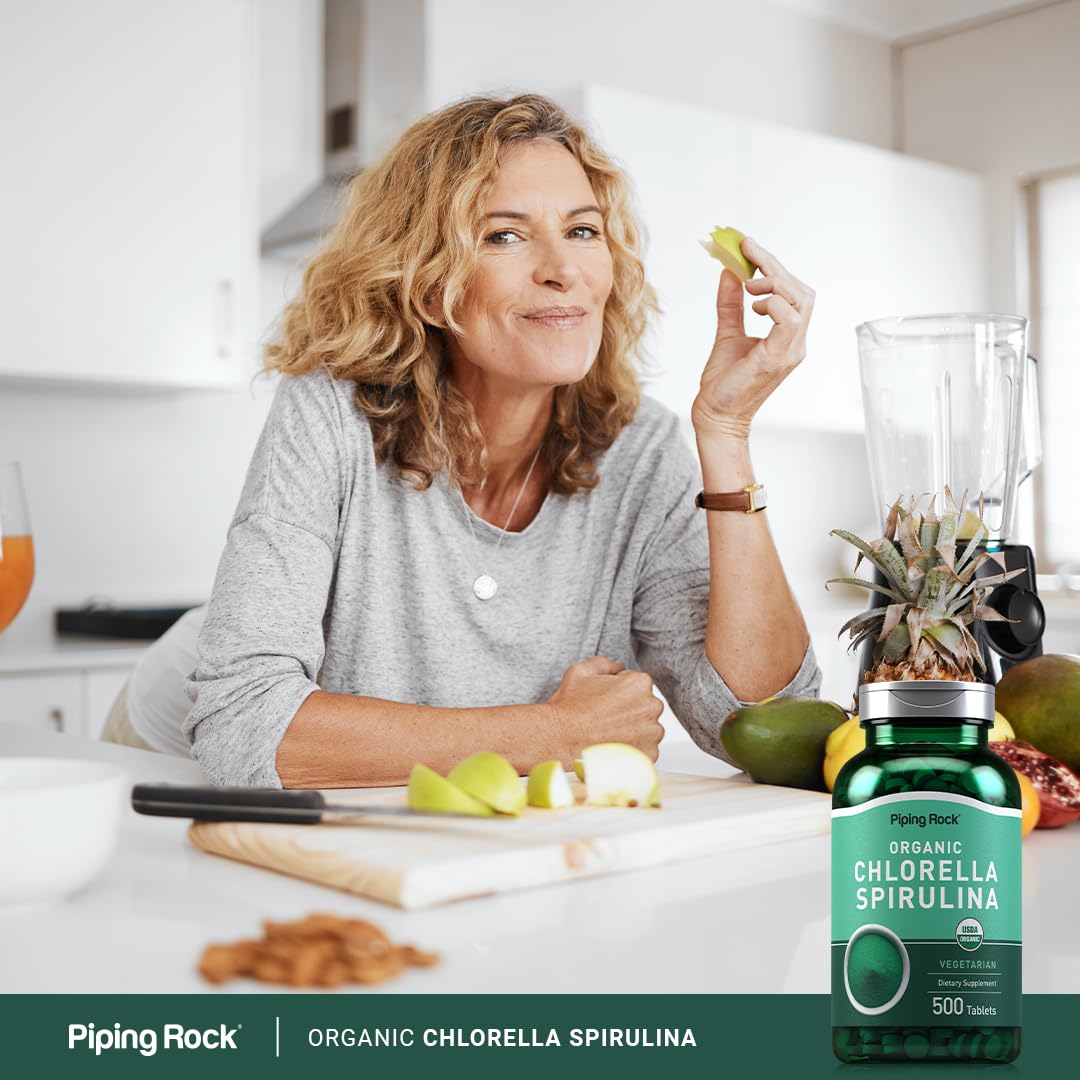 Piping Rock Chlorella Spirulina Organic โ 500 Tablets (Pack of 2) | Vegetarian, Non-GMO, Gluten Free
