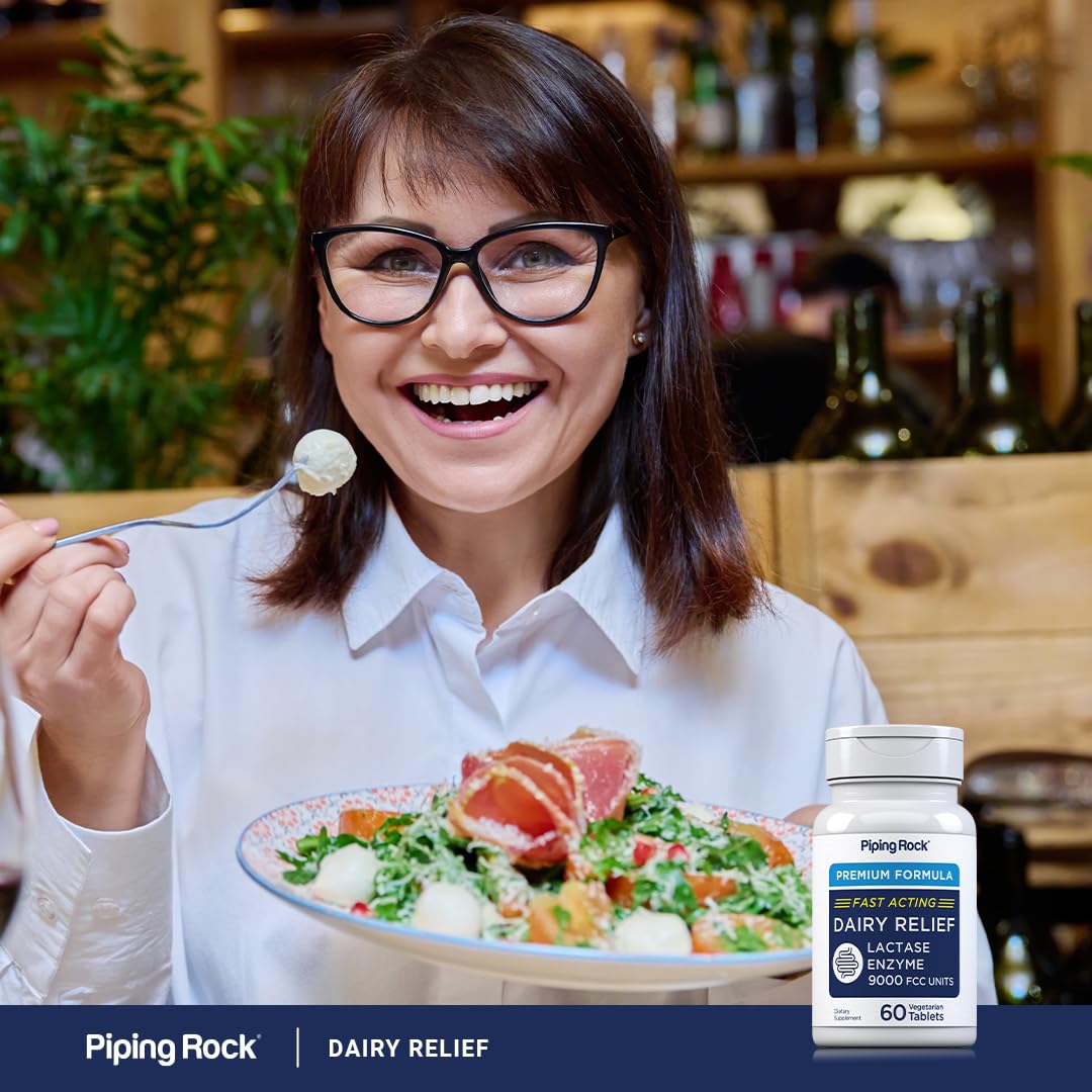 Piping Rock Lactase Pills 9000 FCC โ Dairy Relief, Vegetarian, Non-GMO, Gluten Free (Pack of 2)