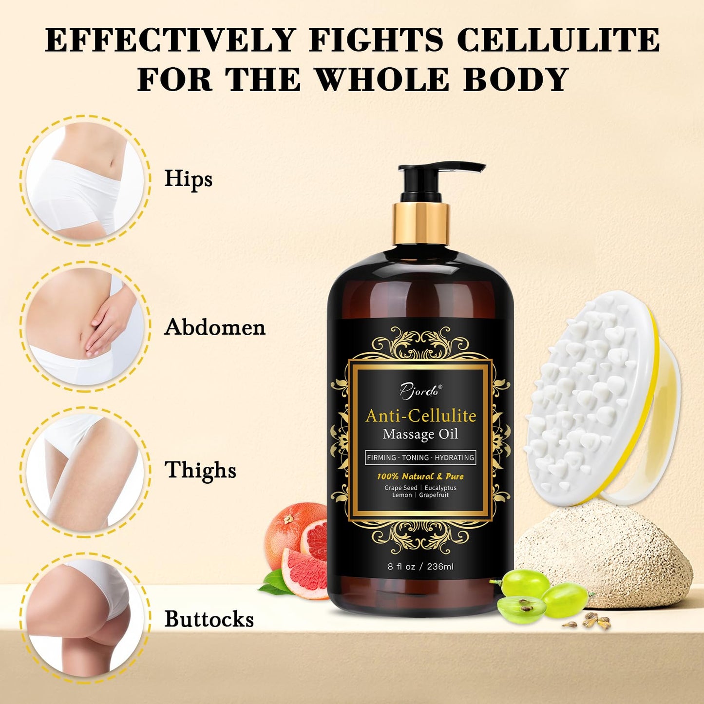 Pjordo Anti Cellulite Massage Oil Kit โ Collagen, Stem Cells & Massager for Skin Tightening