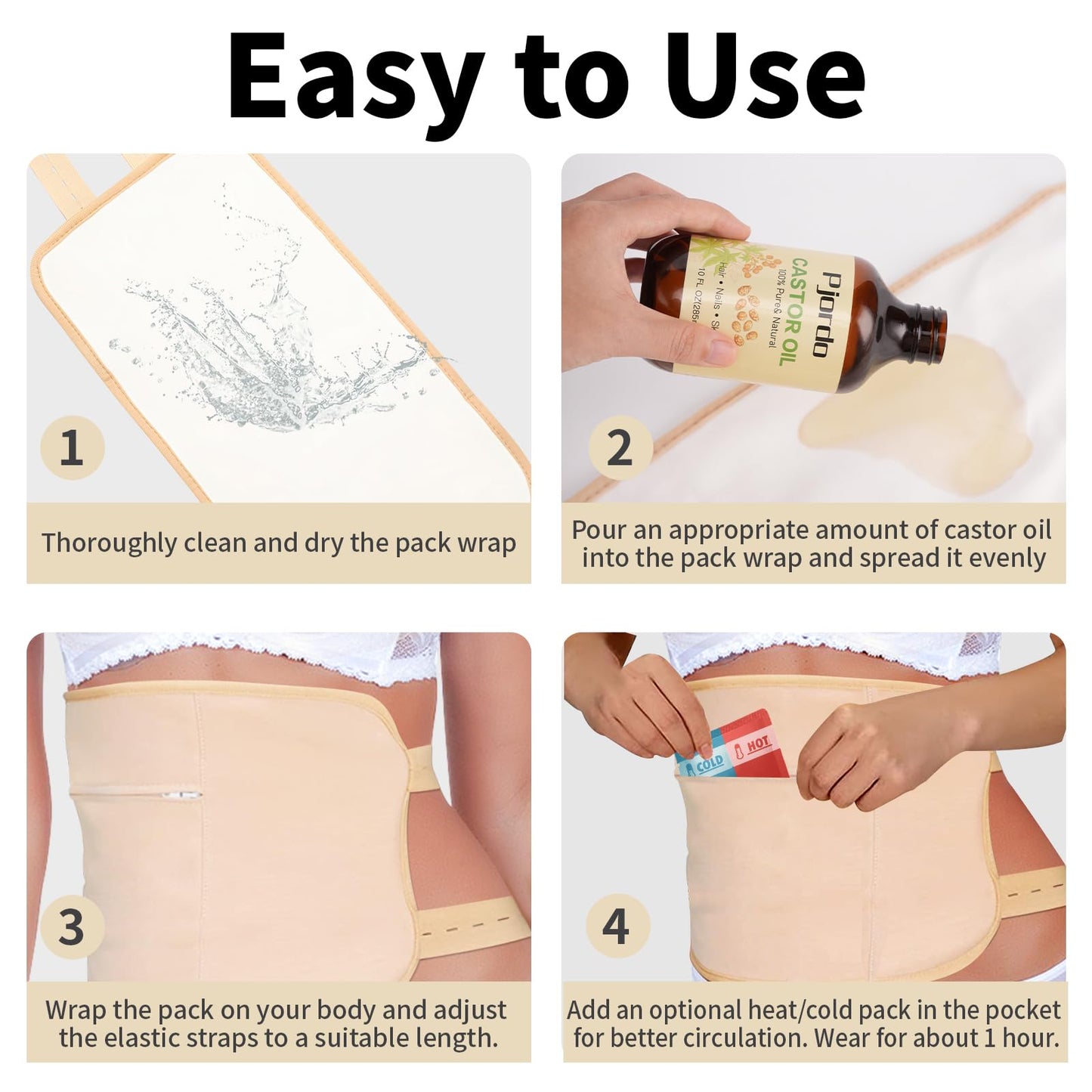 Pjordo Cotton Castor Oil Pack Wrap โ 10oz Cold-Pressed Oil, Reusable Pack