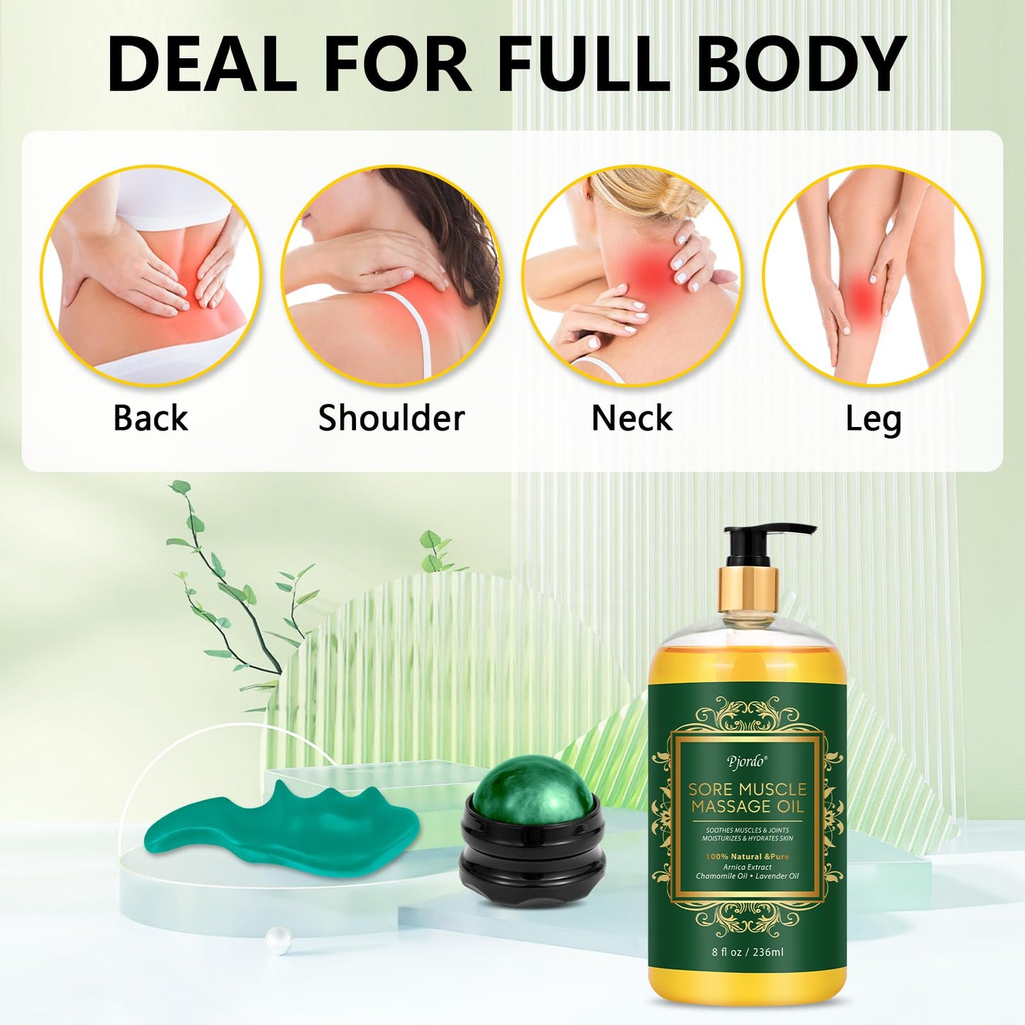 Pjordo Sore Muscle Massage Oil with Roller Ball and Thumb Saver โ Arnica Lavender 8 oz