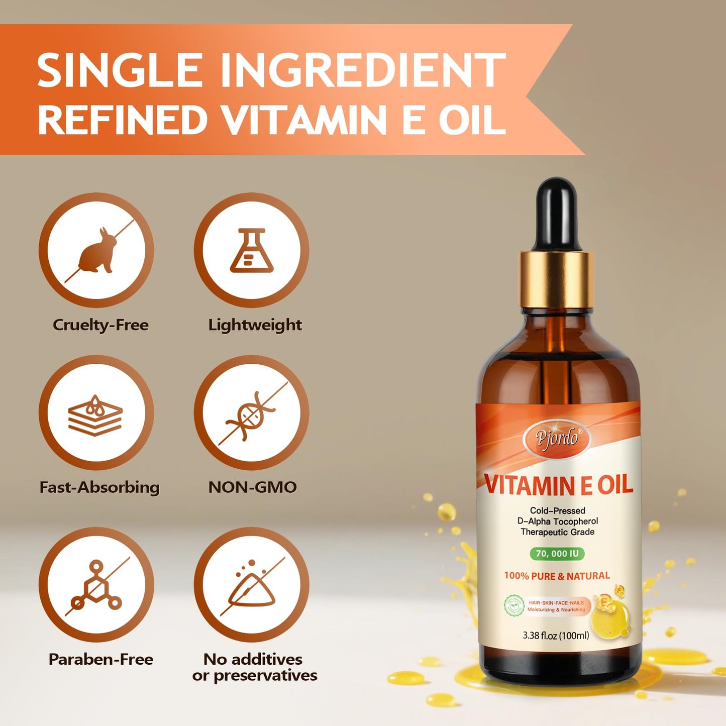 Pjordo Vitamin E Oil โ 70,000 IU, 100% Pure & Organic, Cold-Pressed for Skin, Face, Hair & Nails