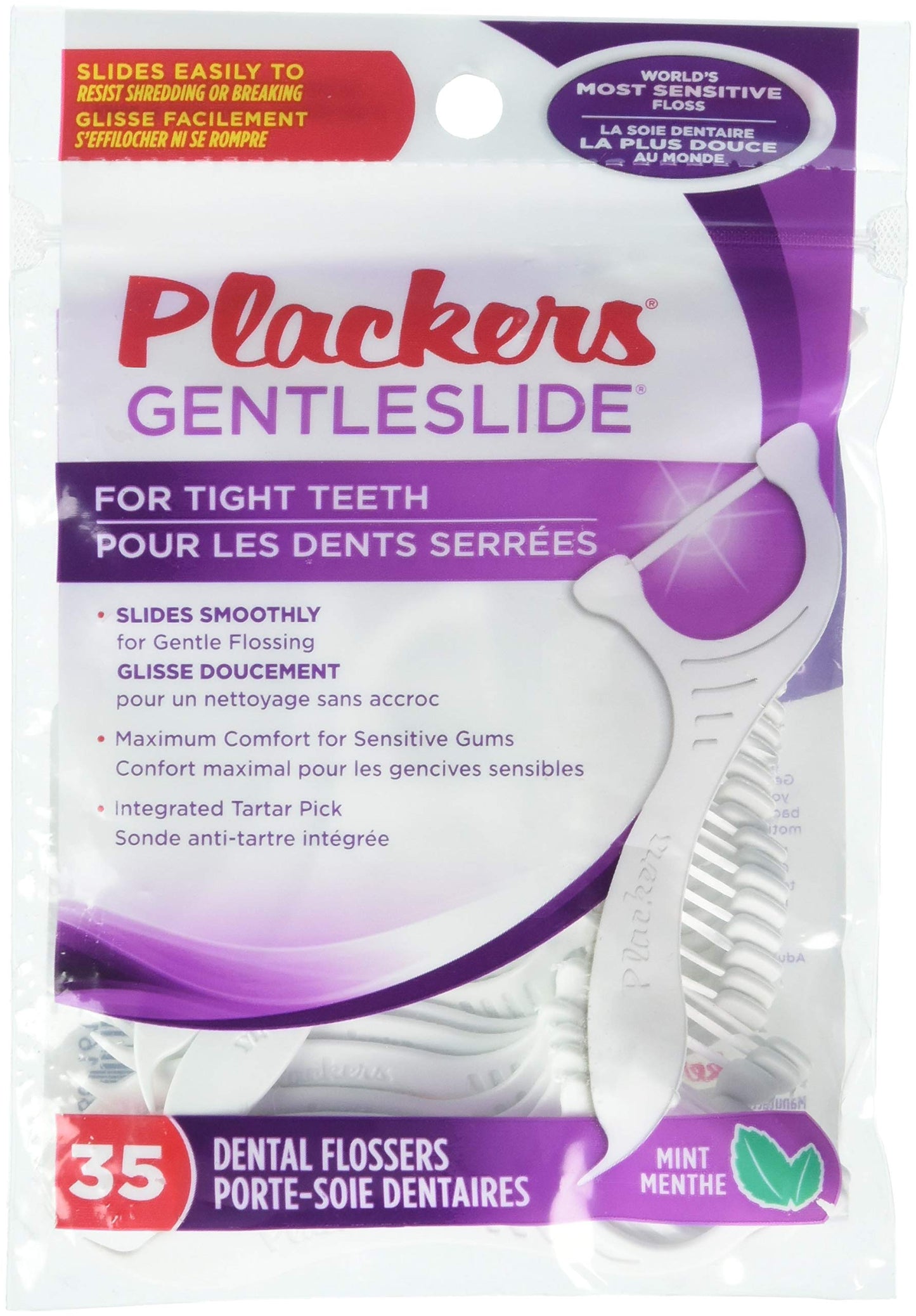 Plackers Gentleslide Mint Flossers for Tight Teeth โ 35 Dental Flossers with Tartar Pick (1 Each)
