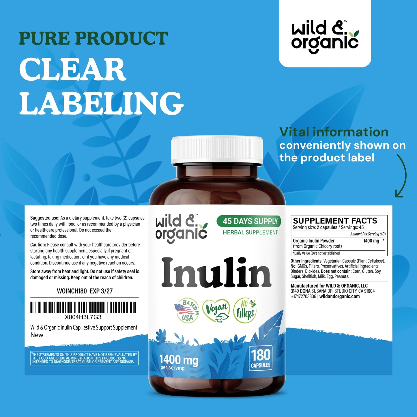 Wild & Organic Inulin Capsules 1400 mg โ Vegan Prebiotic Fiber (Chicory Root) โ 180 Capsules
