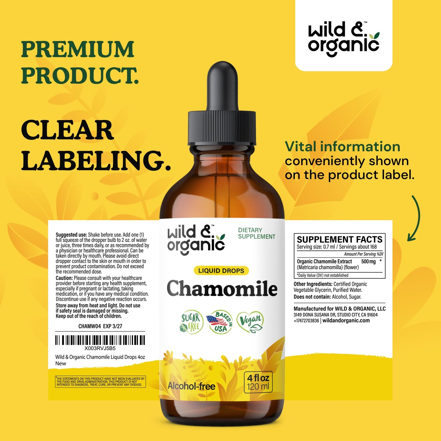 Wild & Organic Chamomile Tincture โ Calming Relaxation, Vegan & Alcohol-Free | 4 oz