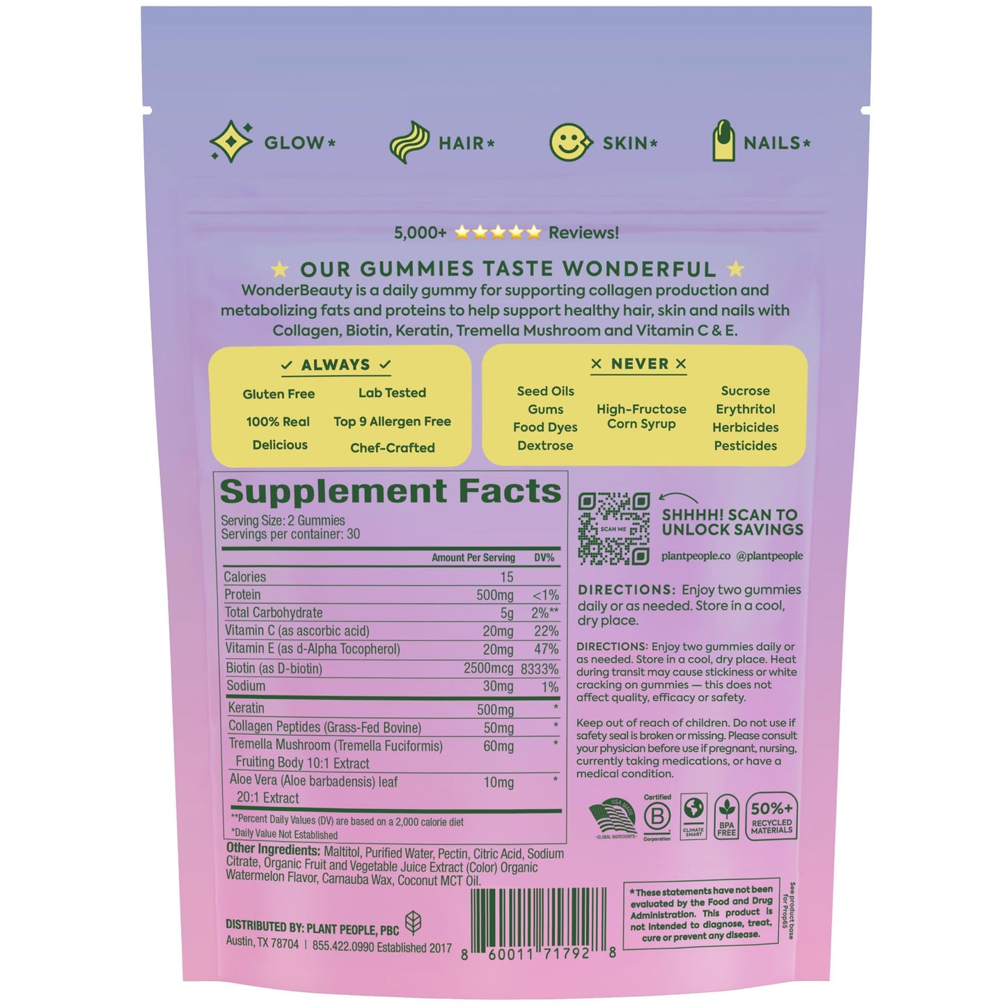 Plant People WonderBeauty Gummies for Hair, Skin & Nails โ Tremella, Marine Collagen, Keratin & Biotin | Watermelon, 60 Gummies