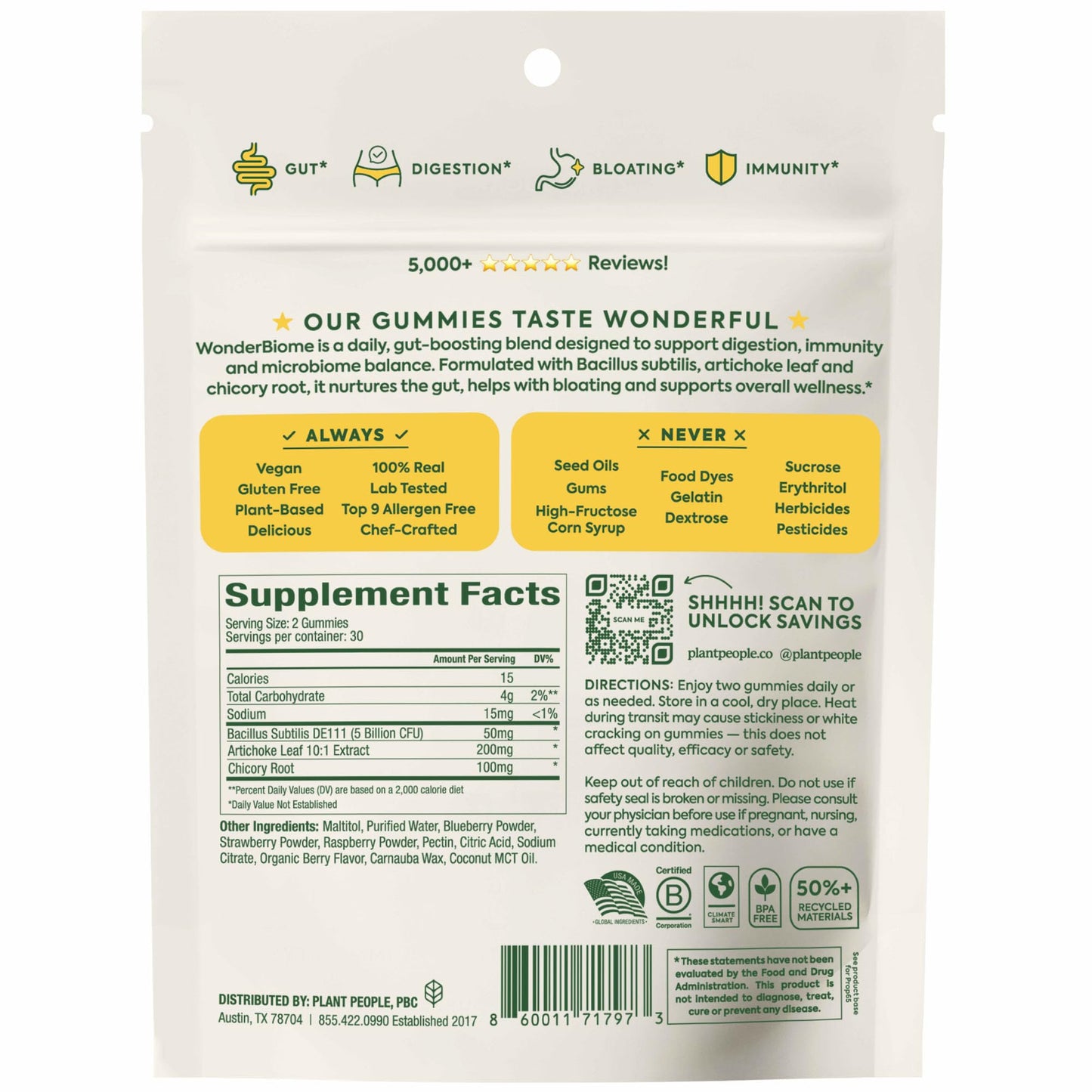 Plant People WonderBiome 2-in-1 Probiotic + Prebiotic Gummies โ Zero-Sugar Vegan Digestive Health, 60 Count