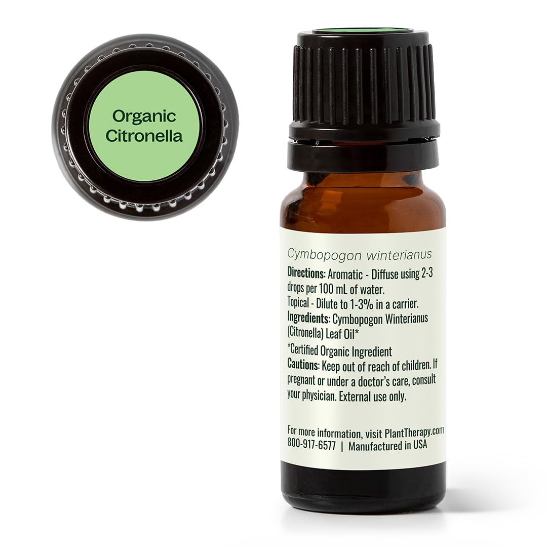 Plant Therapy Citronella Organic Essential Oil โ 100% Pure, USDA Certified Organic, Therapeutic Grade, 10 mL (1/3 oz)