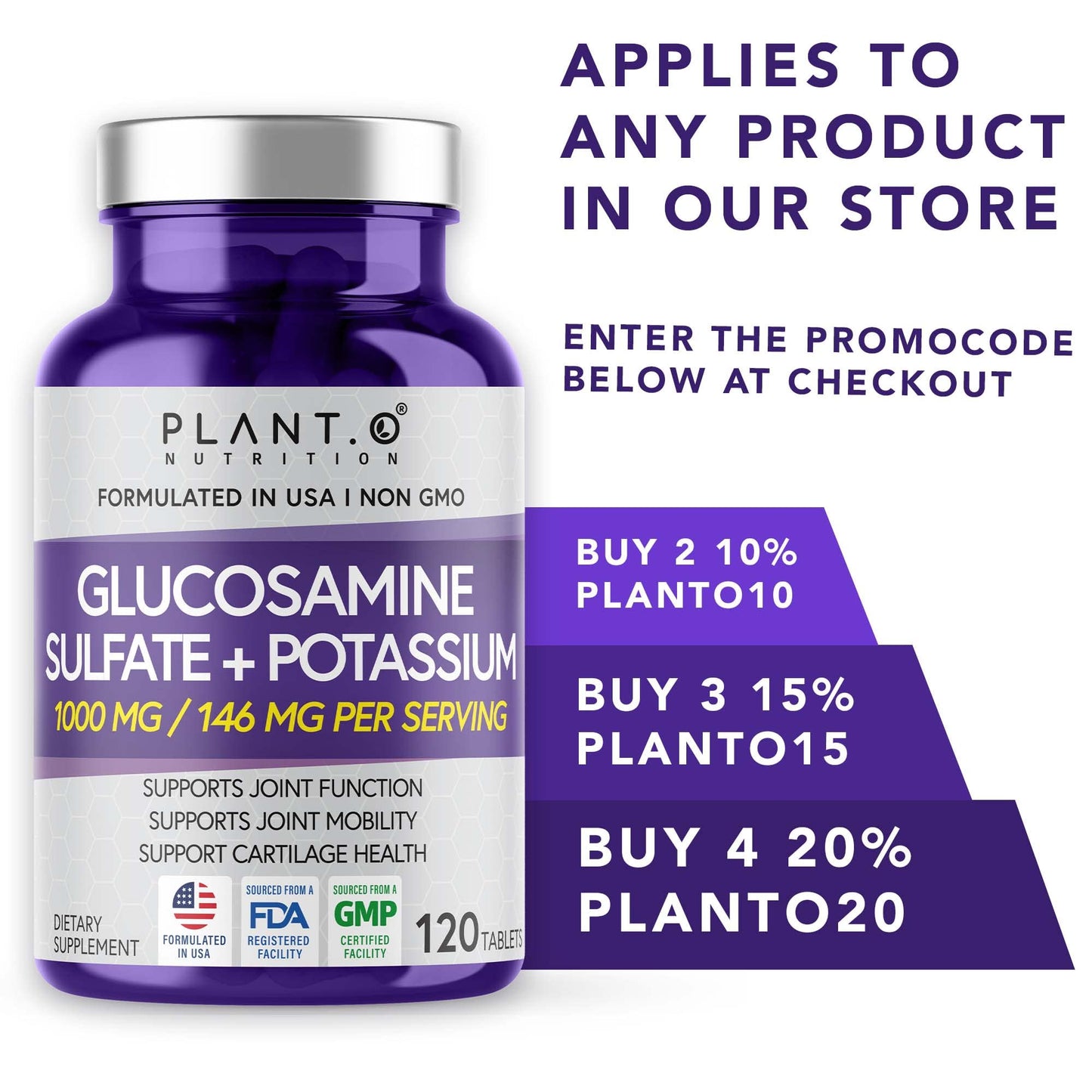 PLANT.O NUTRITION Glucosamine Sulfate with Potassium β Joint Support Supplement (120 Tablets)