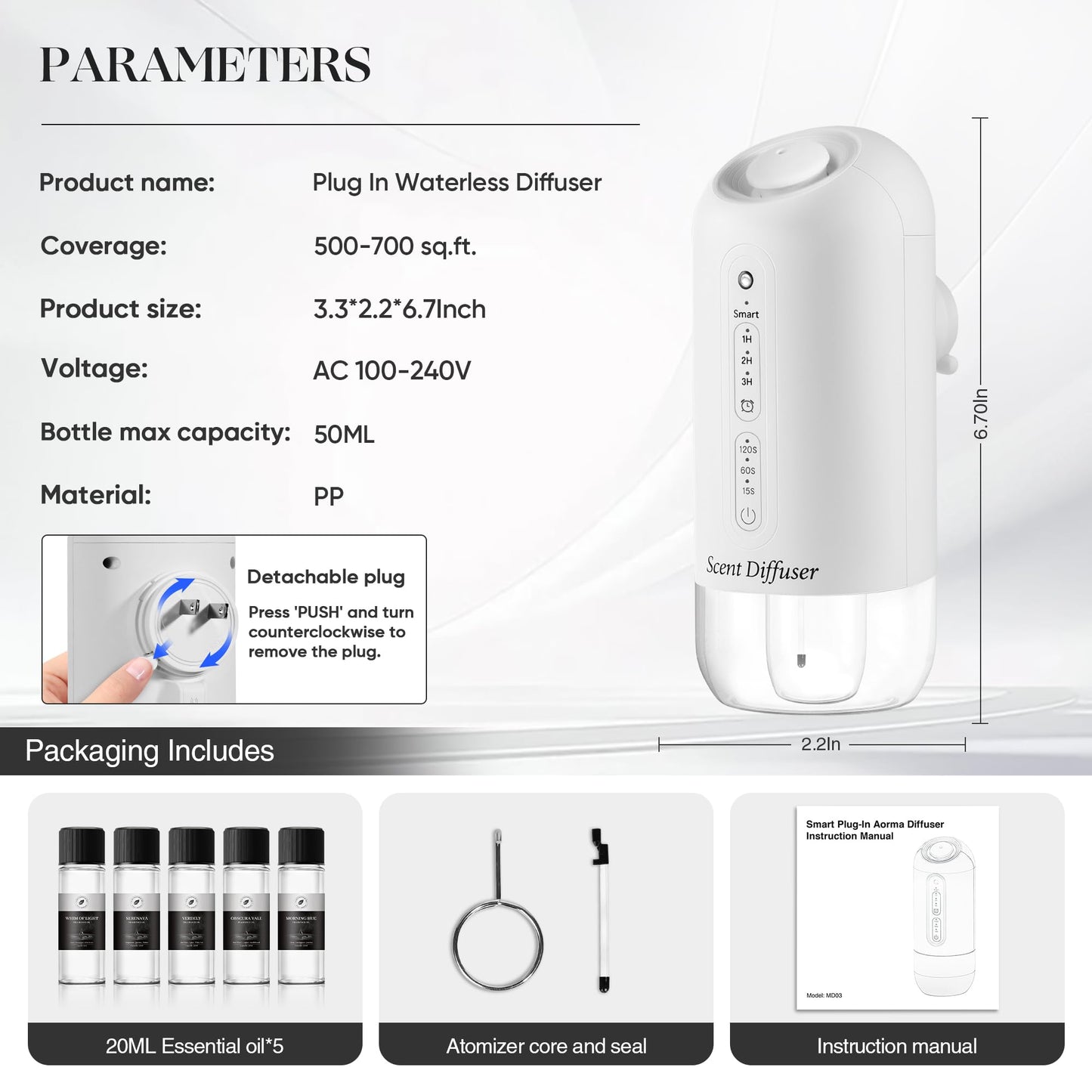 Plug-in Waterless Diffuser Starter Kit โ 5 Oils, 700 sq ft Coverage, White