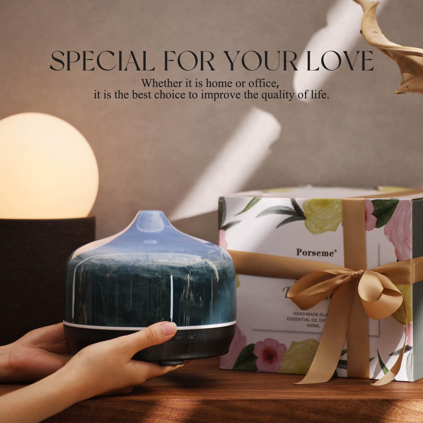 Porseme 500ml Glass Essential Oil Diffuser โ Dreamy Blue | Ultrasonic Humidifier 15-21h