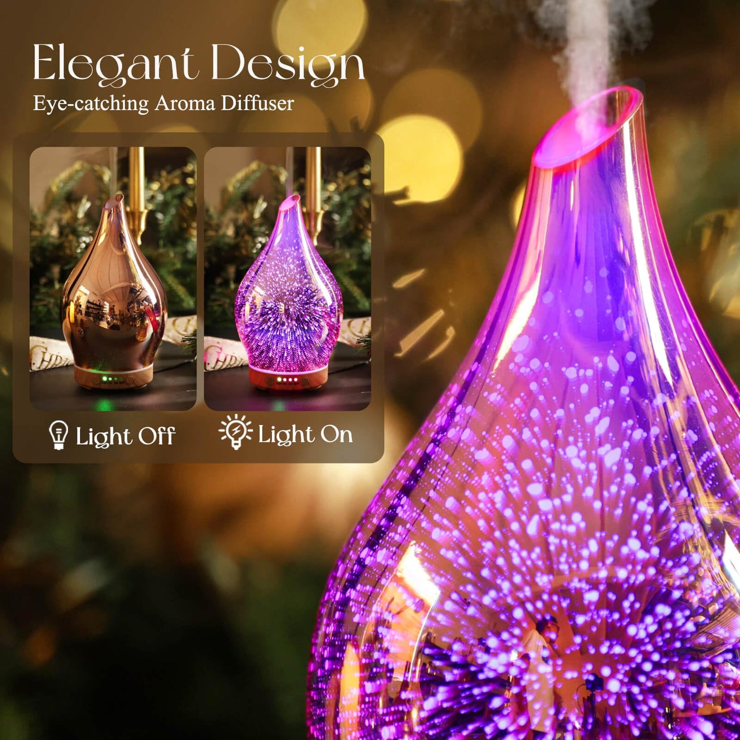 Porseme 150ml Essential Oil Diffuser โ 3D Firework Glass, Rose Gold, Auto Shut-Off