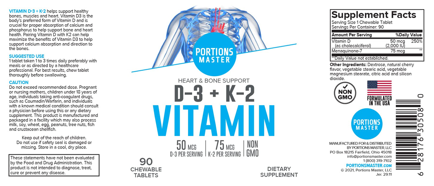 Portions Master Vitamin D3 + K2 5000 IU ā Bone & Heart Health (60 Caps) ⢠Non-GMO, Gluten-Free