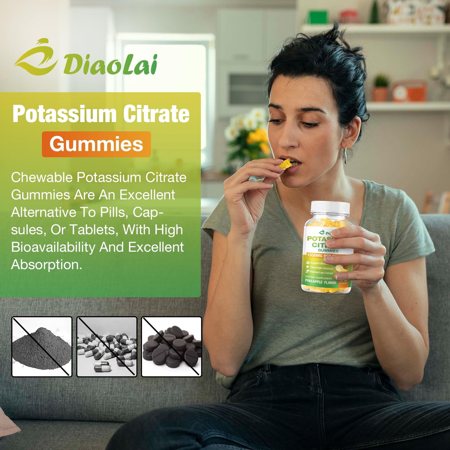 Potassium Citrate 1500mg Gummies โ Potassium Supplement for Leg Cramps & Muscle Health | Vegan Pineapple, 120 Count