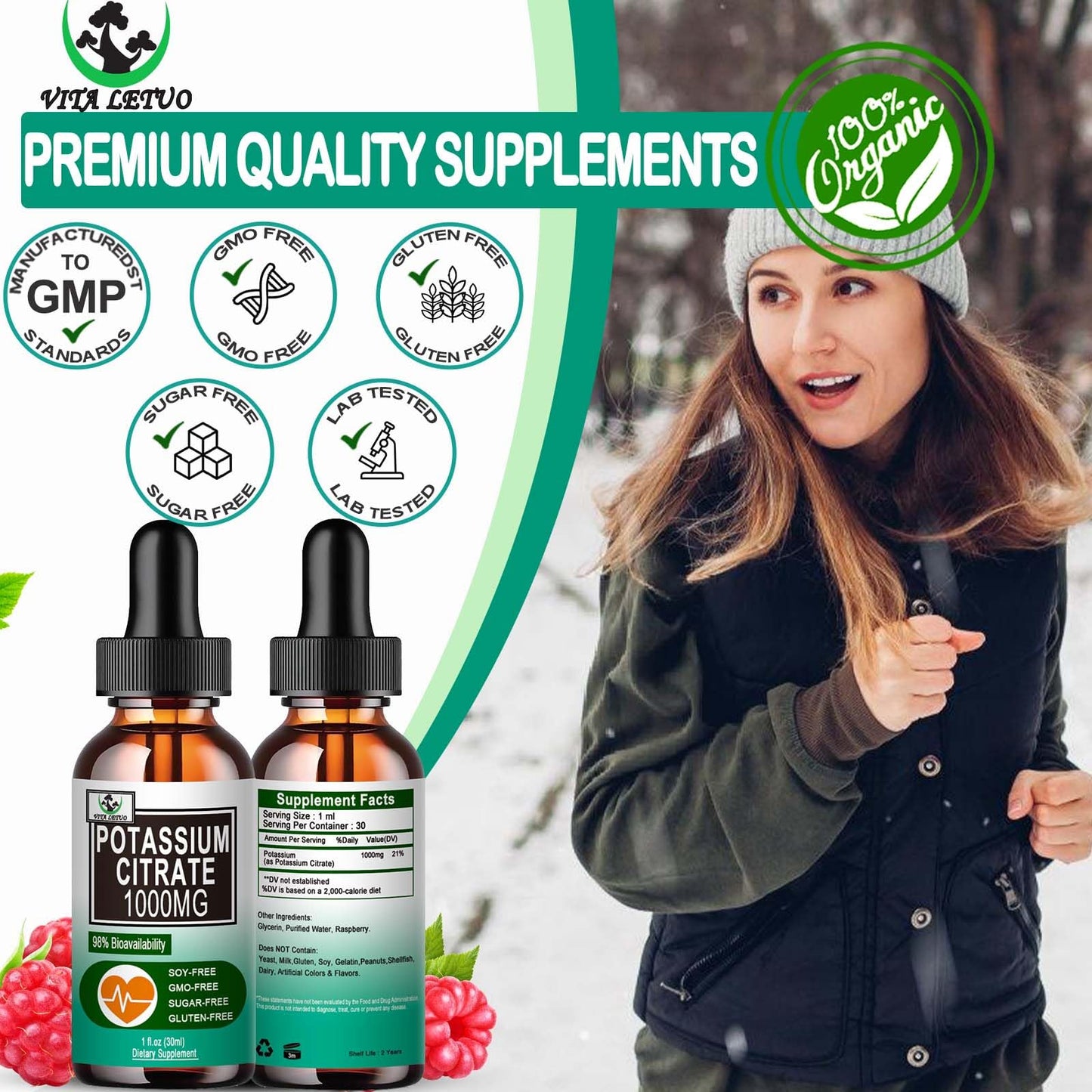 Potassium Citrate Liquid Drops 1000mg โ Vegan, Muscle & Heart Health