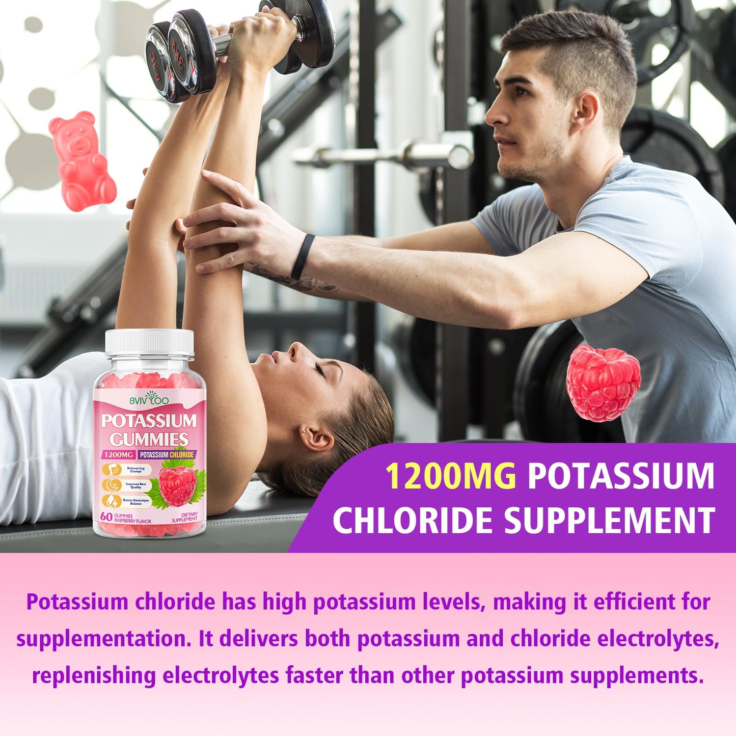Potassium Gummies 1200mg Chloride โ Muscle Health & Leg Cramps | Raspberry Flavor, 120 Count