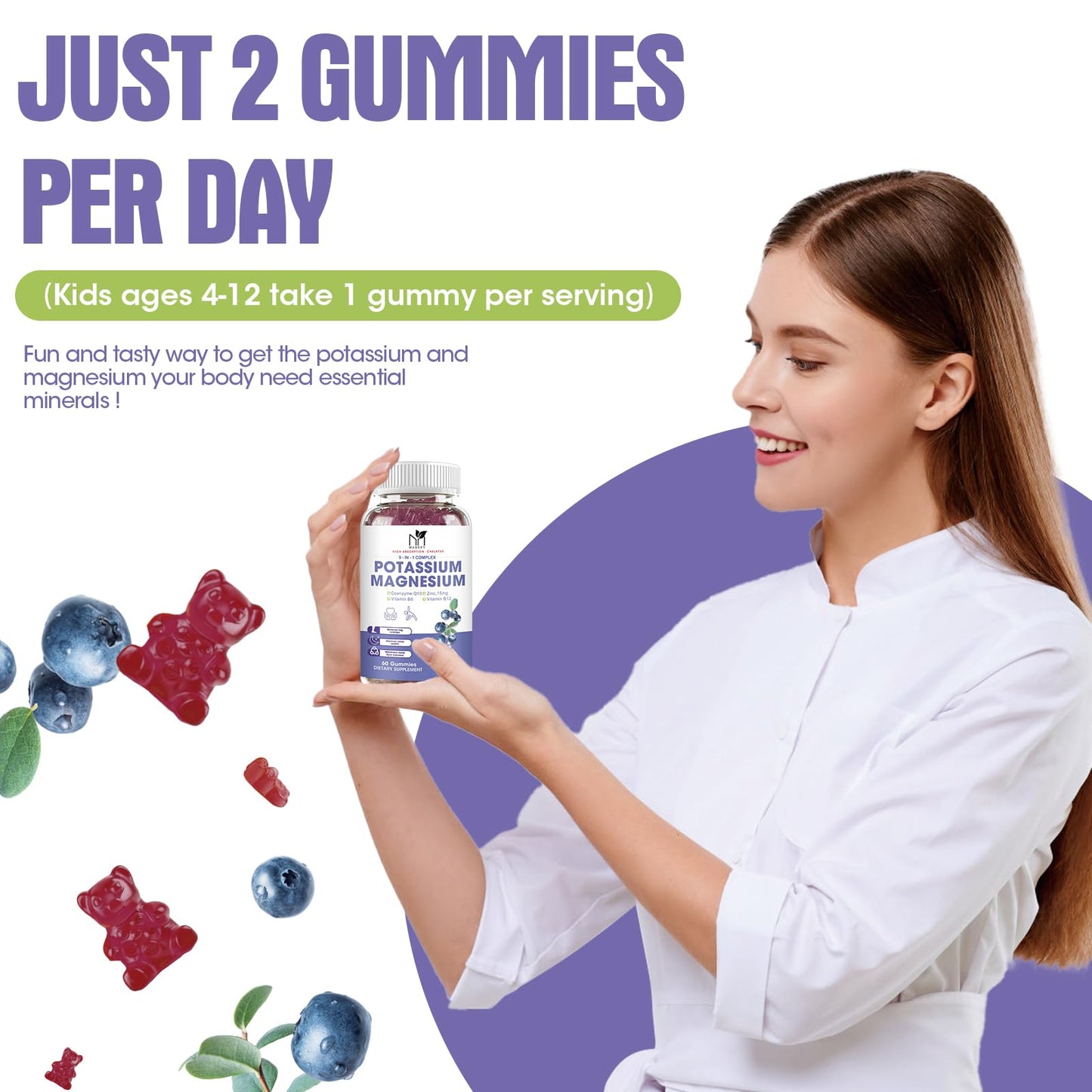 2 Pack Potassium Magnesium Gummies - Sugar-Free Magnesium Glycinate & Potassium Gummies with Calcium, Zinc, Vitamin D3, B6 & B12 for Leg Cramps & Muscle Support