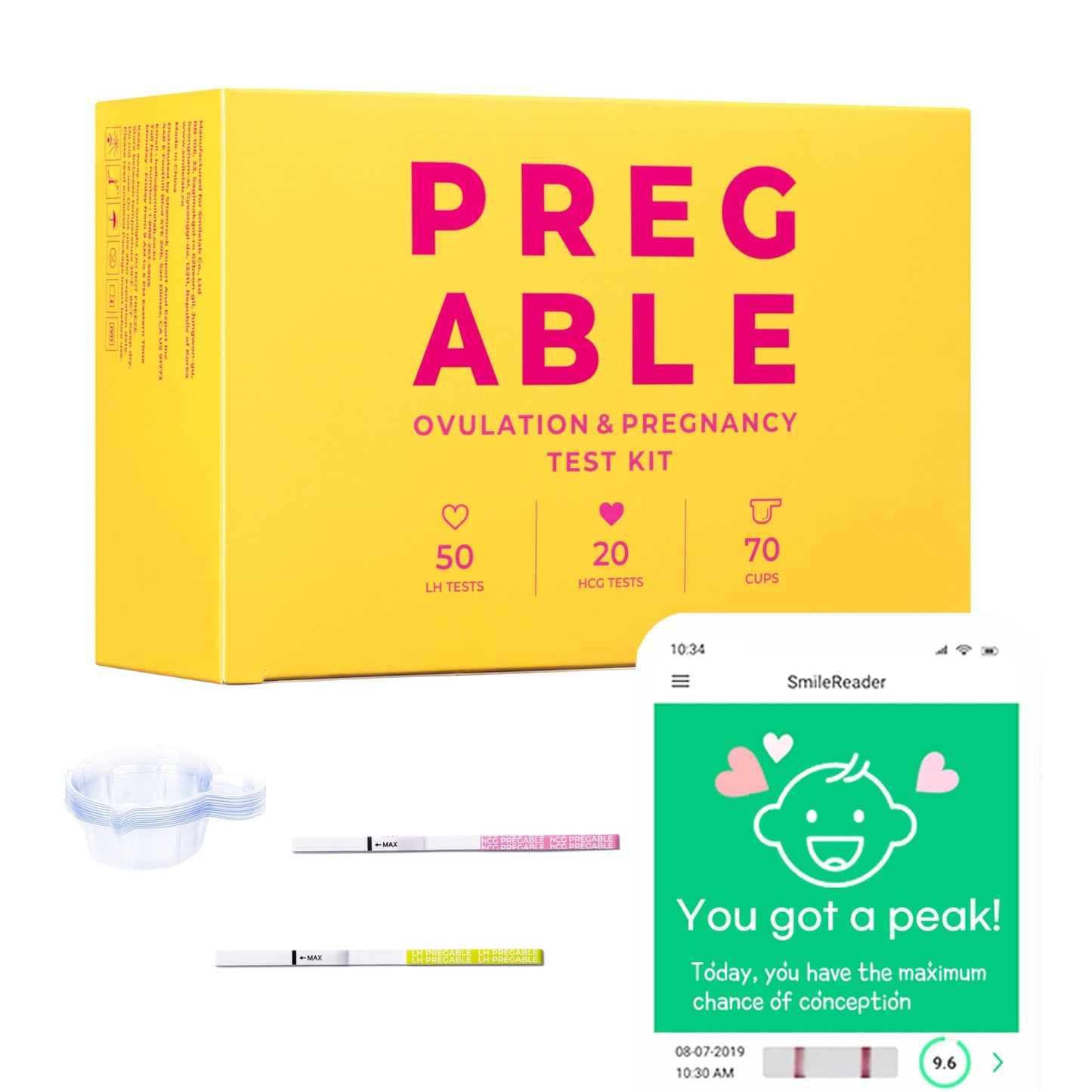 PREGABLE Combo Kit โ 50 LH Ovulation Tests, 20 HCG Tests & 70 Cups + Free Smilereader Tracker App