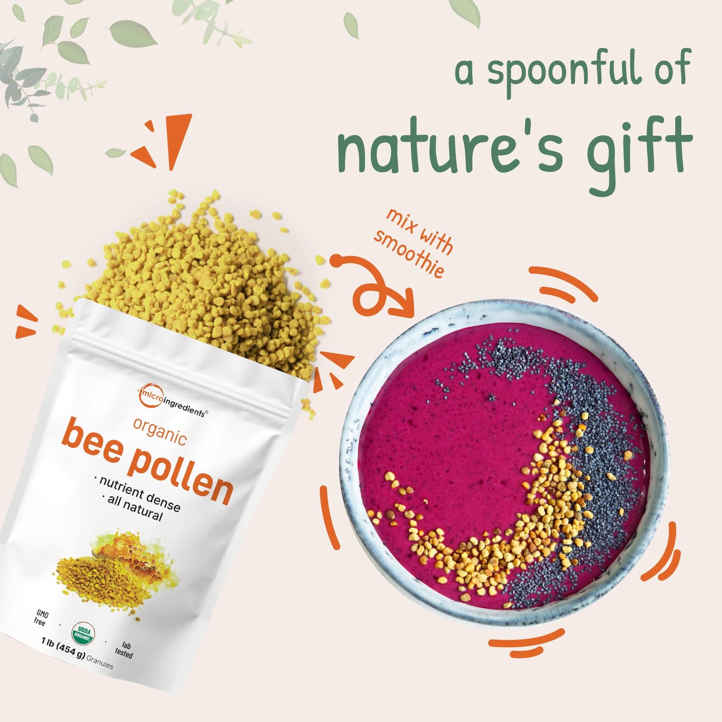 Micro Ingredients Organic Bee Pollen Granules, 1 lb โ Raw & Natural Superfood | Keto, Non-GMO