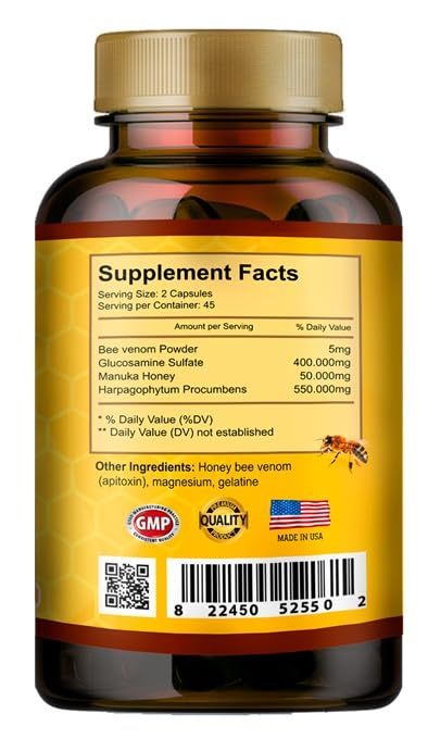 Premium Natural Bee Venom with Glucosamine Sulfate โ 90 Capsules | Apitoxin & Manuka Honey Dietary Supplement