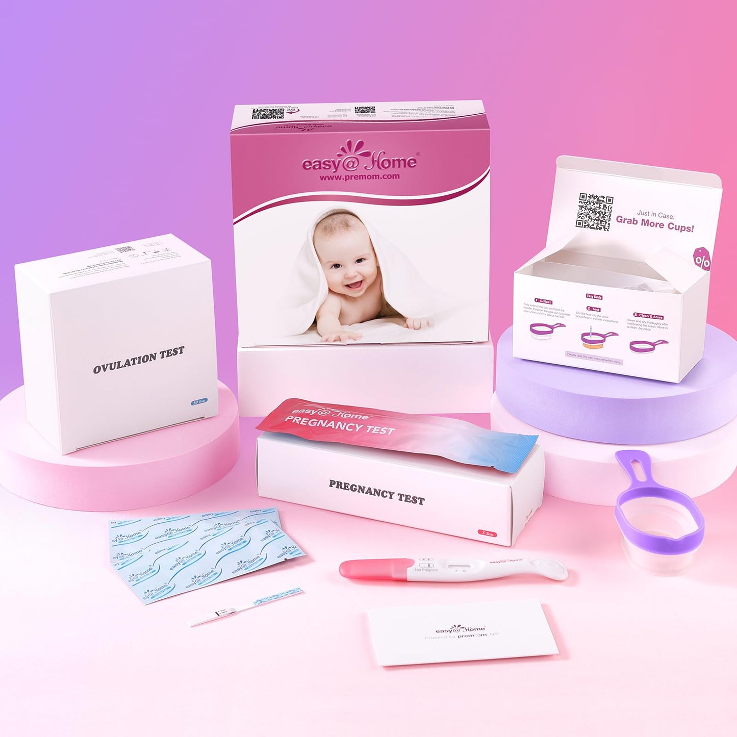 Easy@Home Ovulation & Pregnancy Test Kit โ 50 Strips, 3 Tests, 2 Collapsible Cups for TTC