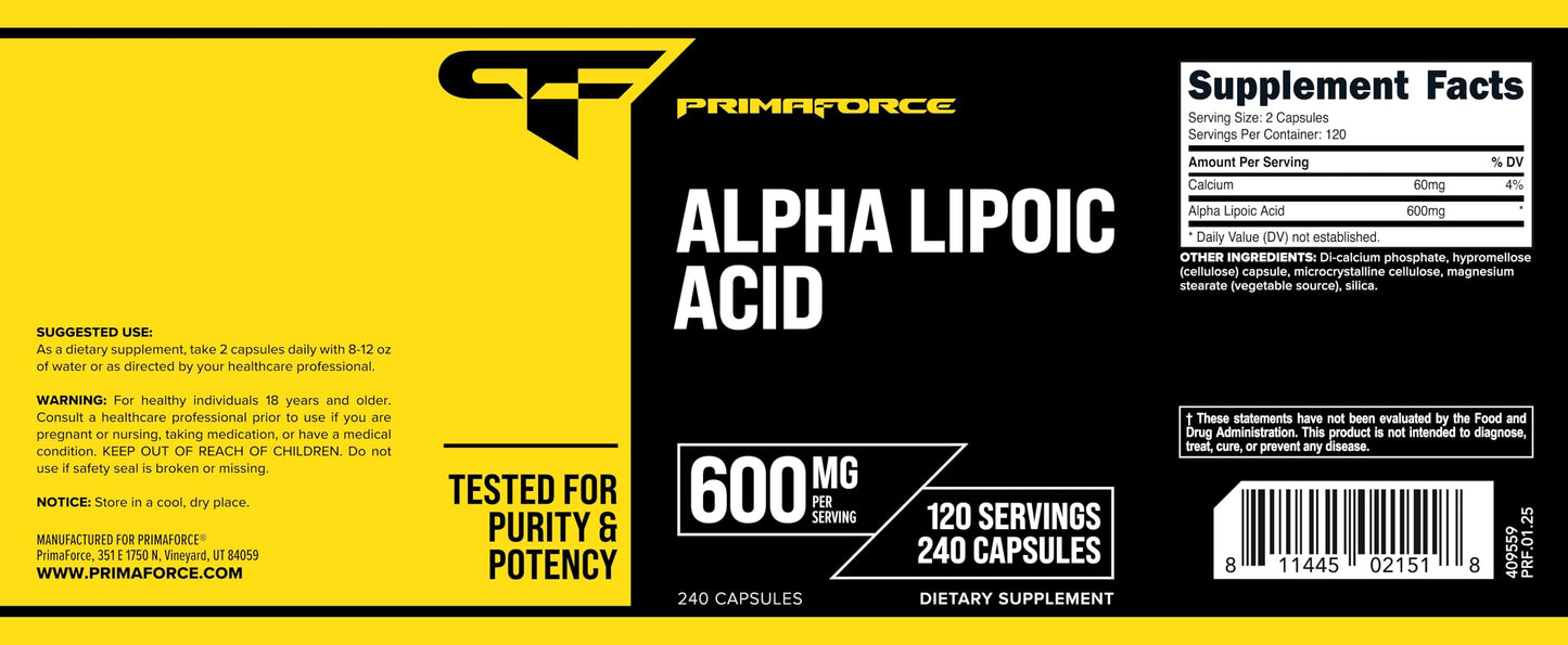 Primaforce Alpha Lipoic Acid 600mg โ 240 Capsules, 120 Servings