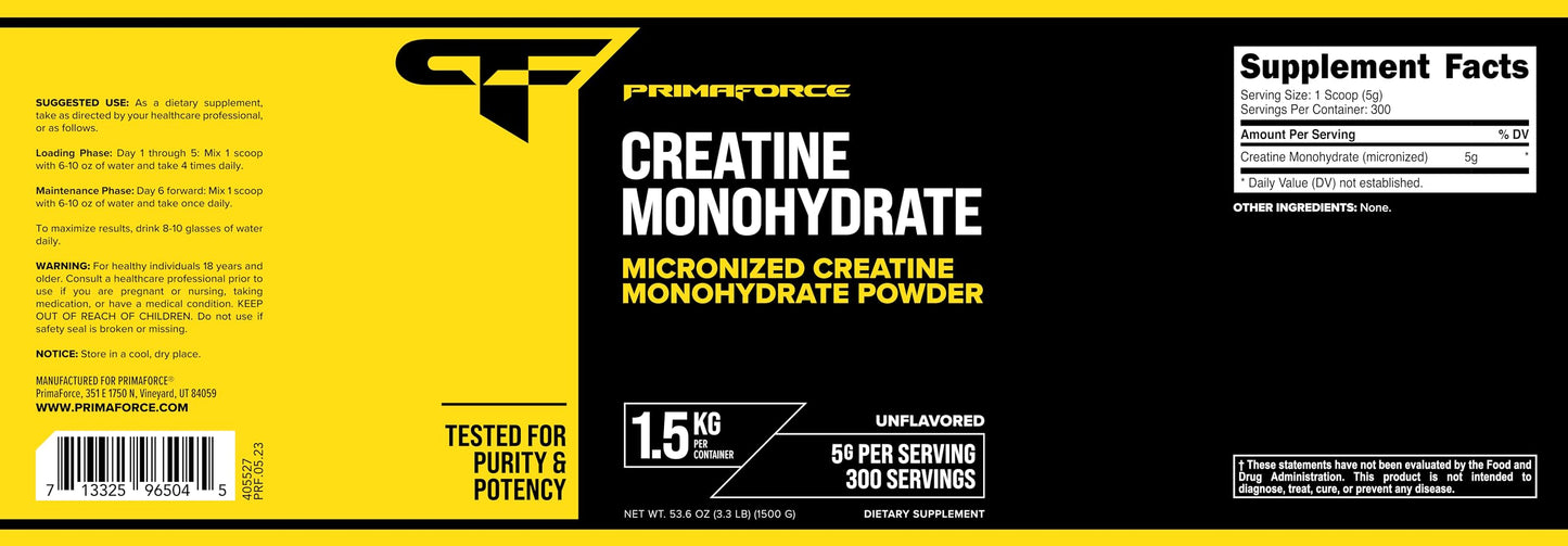 Primaforce Creatine Monohydrate 1.5 KG โ Micronized Powder (300 Servings)