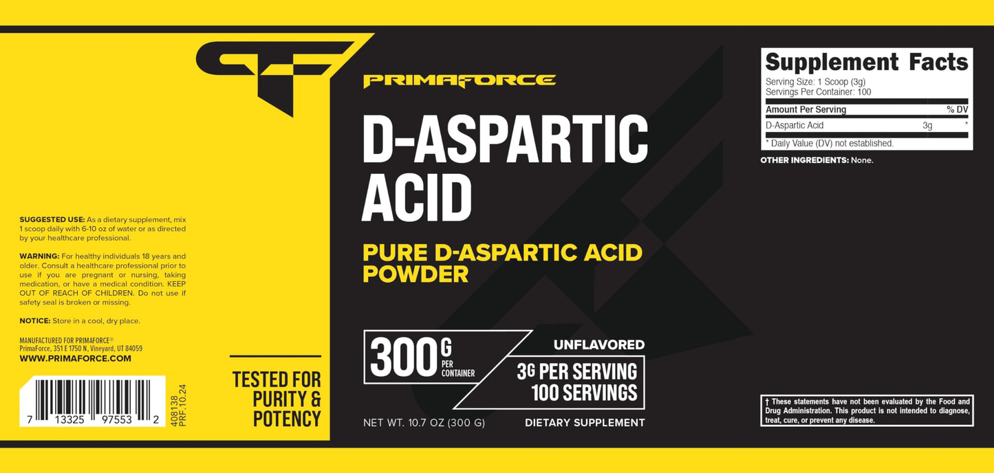 Primaforce D-Aspartic Acid 300 Grams (100 Servings) โ Unflavored, Vegetarian, Non-GMO
