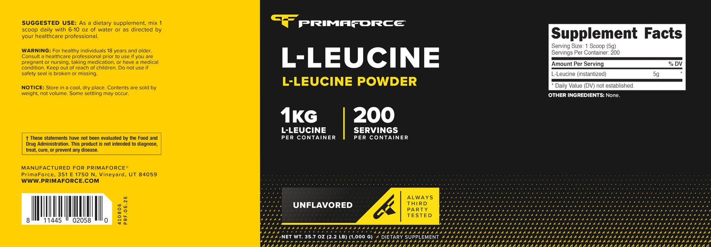 Primaforce L-Leucine Pure Powder 1 KG (2.2lbs) โ Non-GMO, Gluten Free, 200 Servings