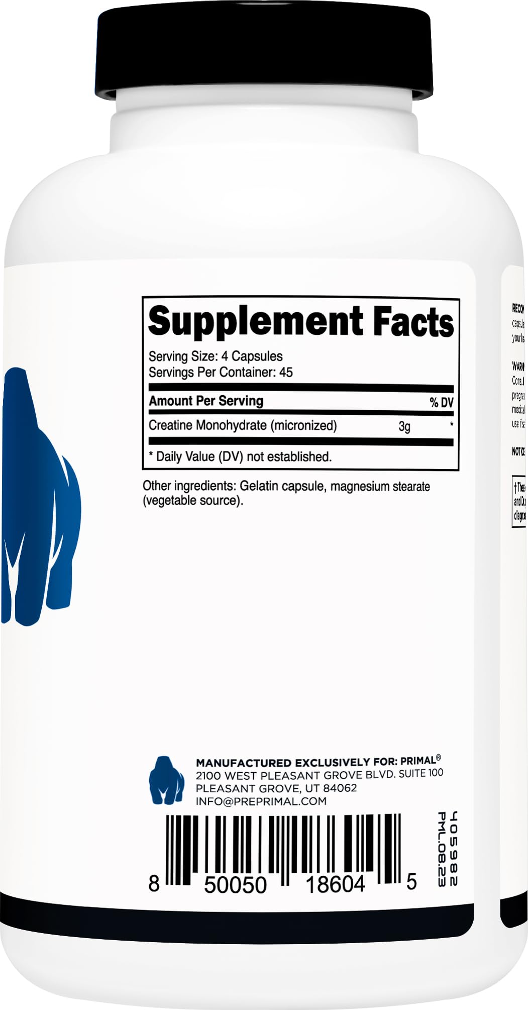 Primal Creatine Monohydrate โ 3,000 mg, 180 Caps | Preworkout & Recovery
