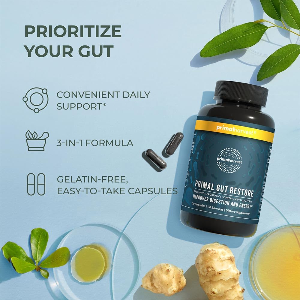 Primal Harvest Restore Gut Health โ PRE/PRO/Postbiotics, 60 CT | Digestive Support for Women & Men