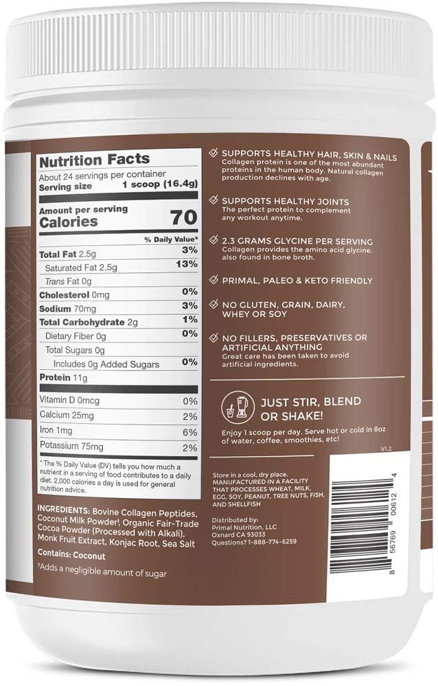 Primal Kitchen Collagen Peptide Drink Mix โ Chocolate Coconut, 13.9 oz