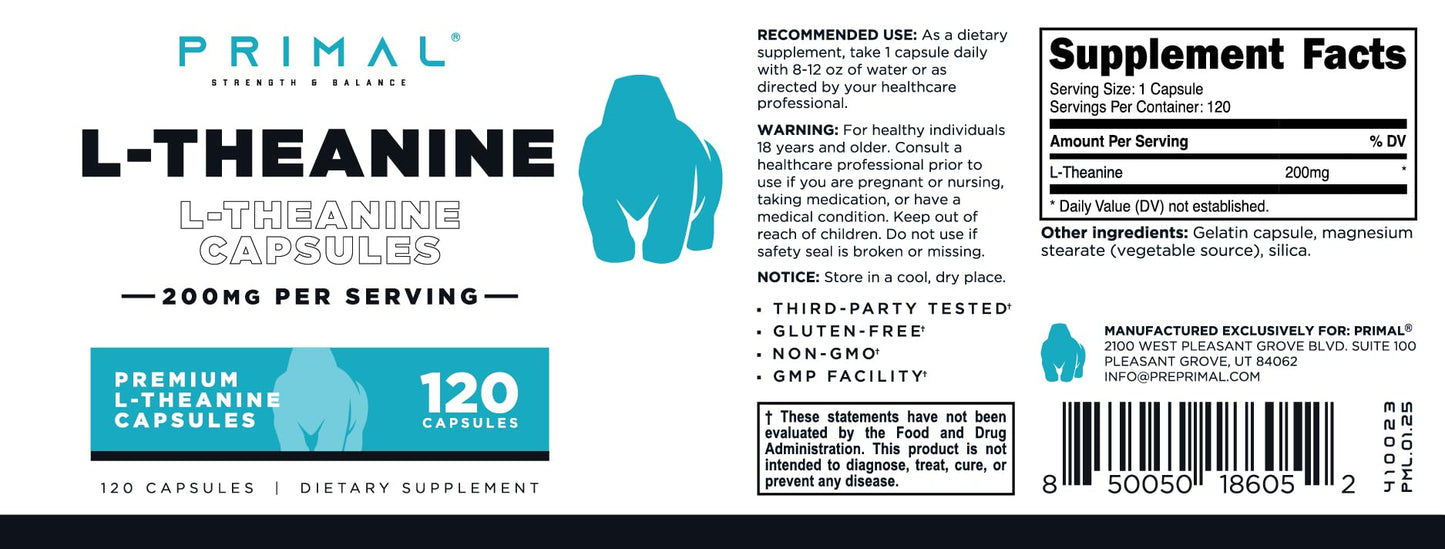 Primal L-Theanine Capsules (120 Servings, 200 mg Per Serving) โ Non-GMO, Gluten Free