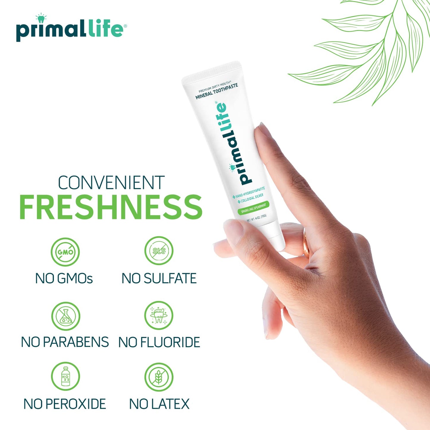 Primal Life Organics Dirty Mouth Toothpaste โ Nano-Hydroxyapatite, Charcoal, Spearmint, 4 Oz