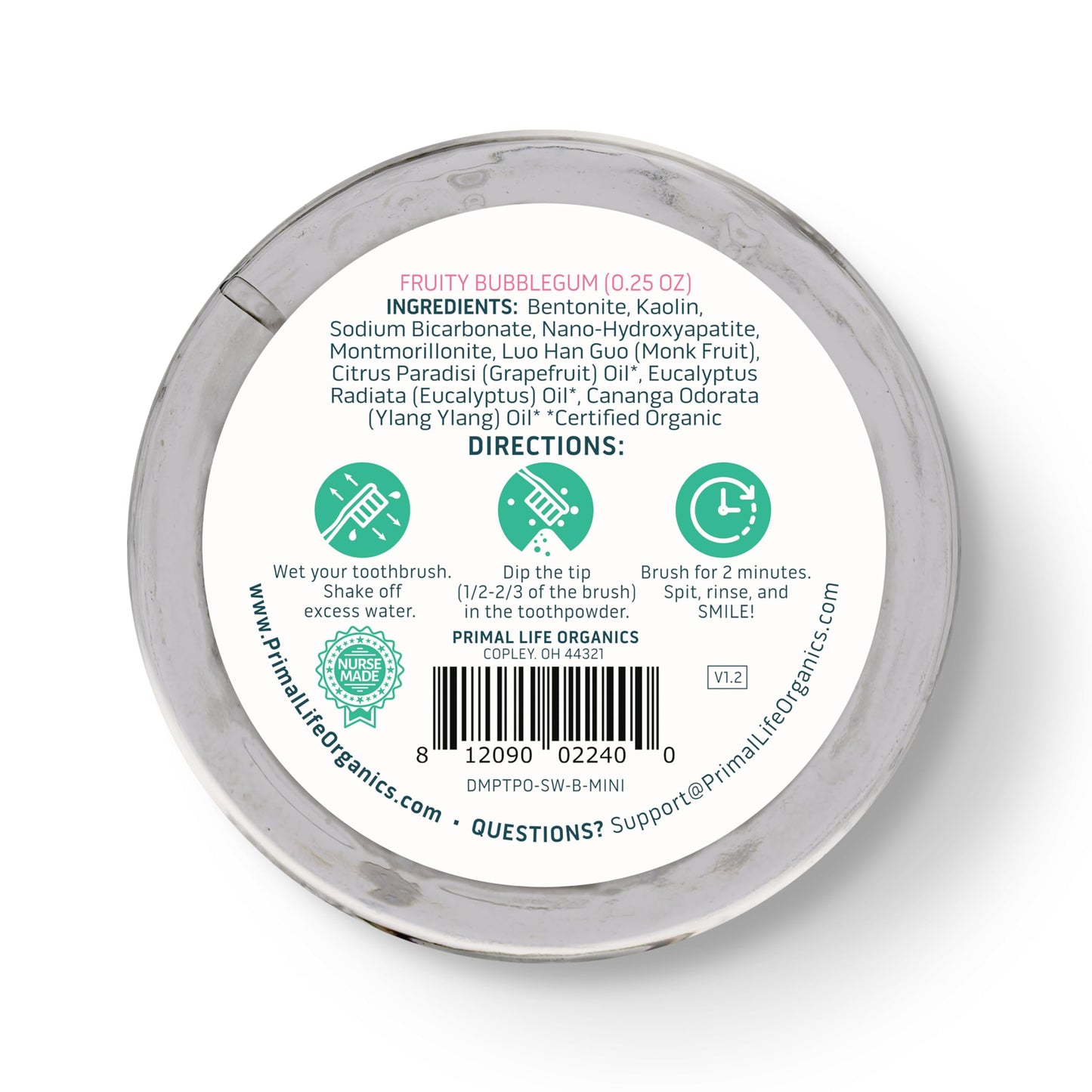 Primal Life Organics Dirty Mouth Toothpowder โ Organic Vegan Kaolin & Bentonite Clays, Sweet Bubblegum Flavor (0.25 oz)