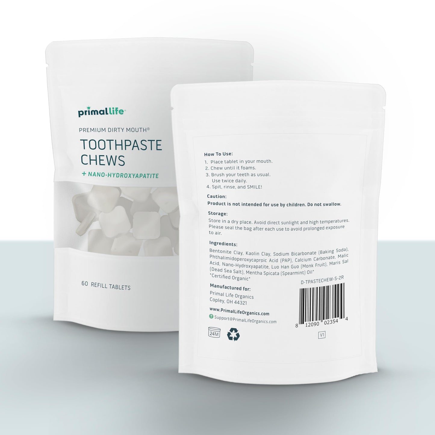 Primal Life Organics Dirty Mouth Toothpaste Chews β Nano-Hydroxyapatite Whitening, 60-Count Bag, Sparkling Spearmint