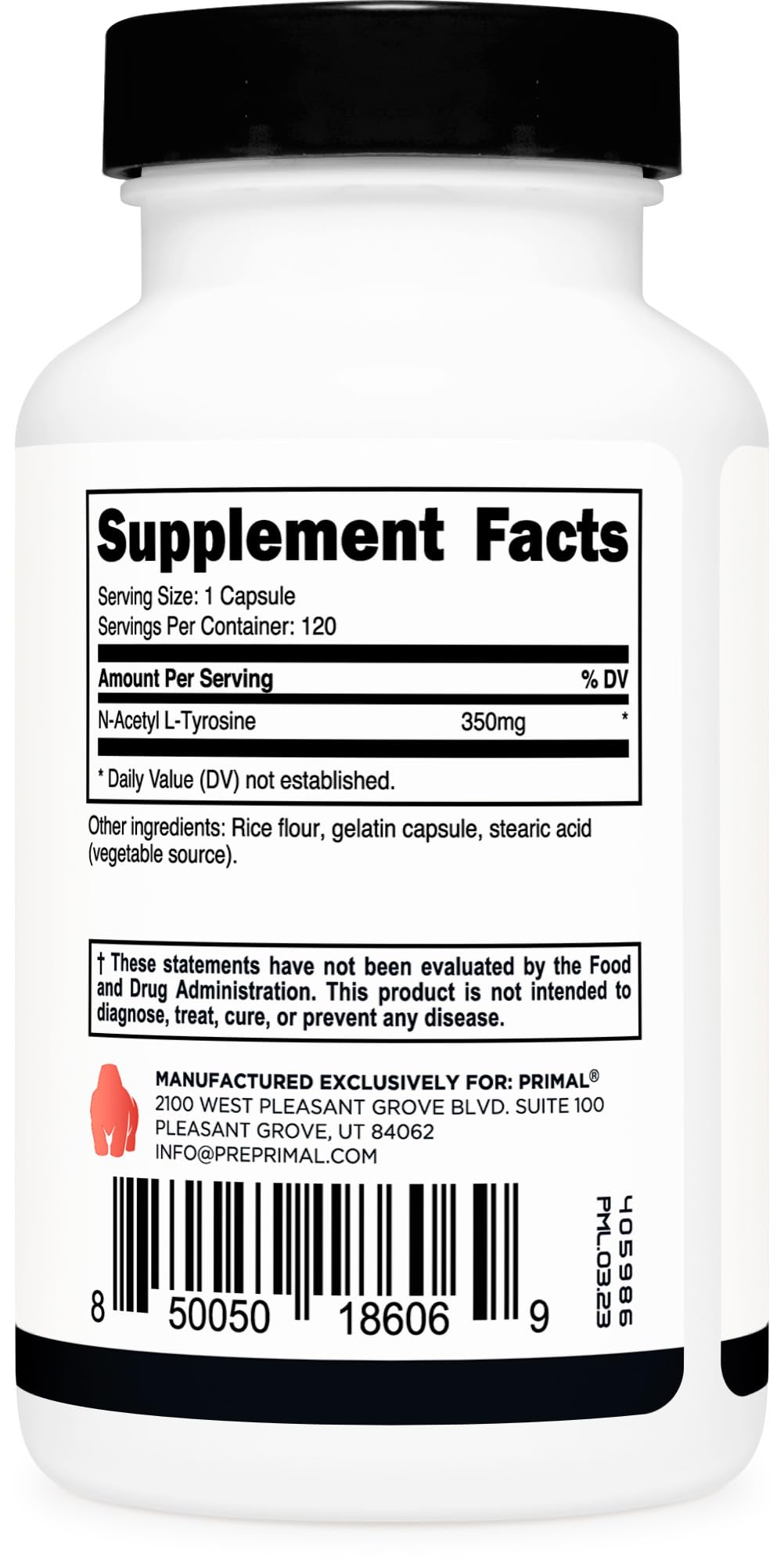 Primal N-Acetyl L-Tyrosine Capsules (120 Servings, 350 mg) โ Gluten Free, Non-GMO