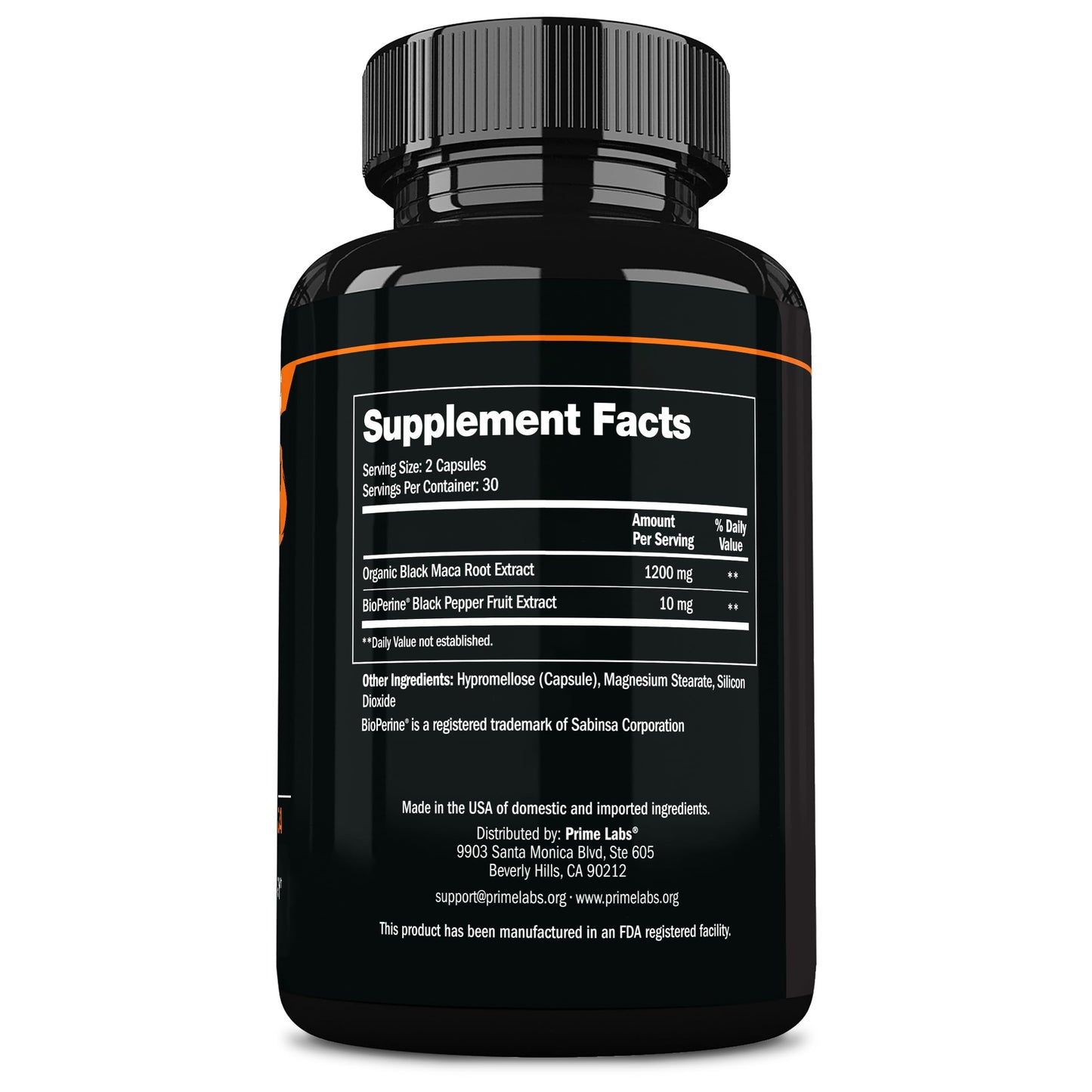 Prime Labs Organic Black Maca Root Capsules 1200mg โ 60 Count | Peruvian 20:1 Extract