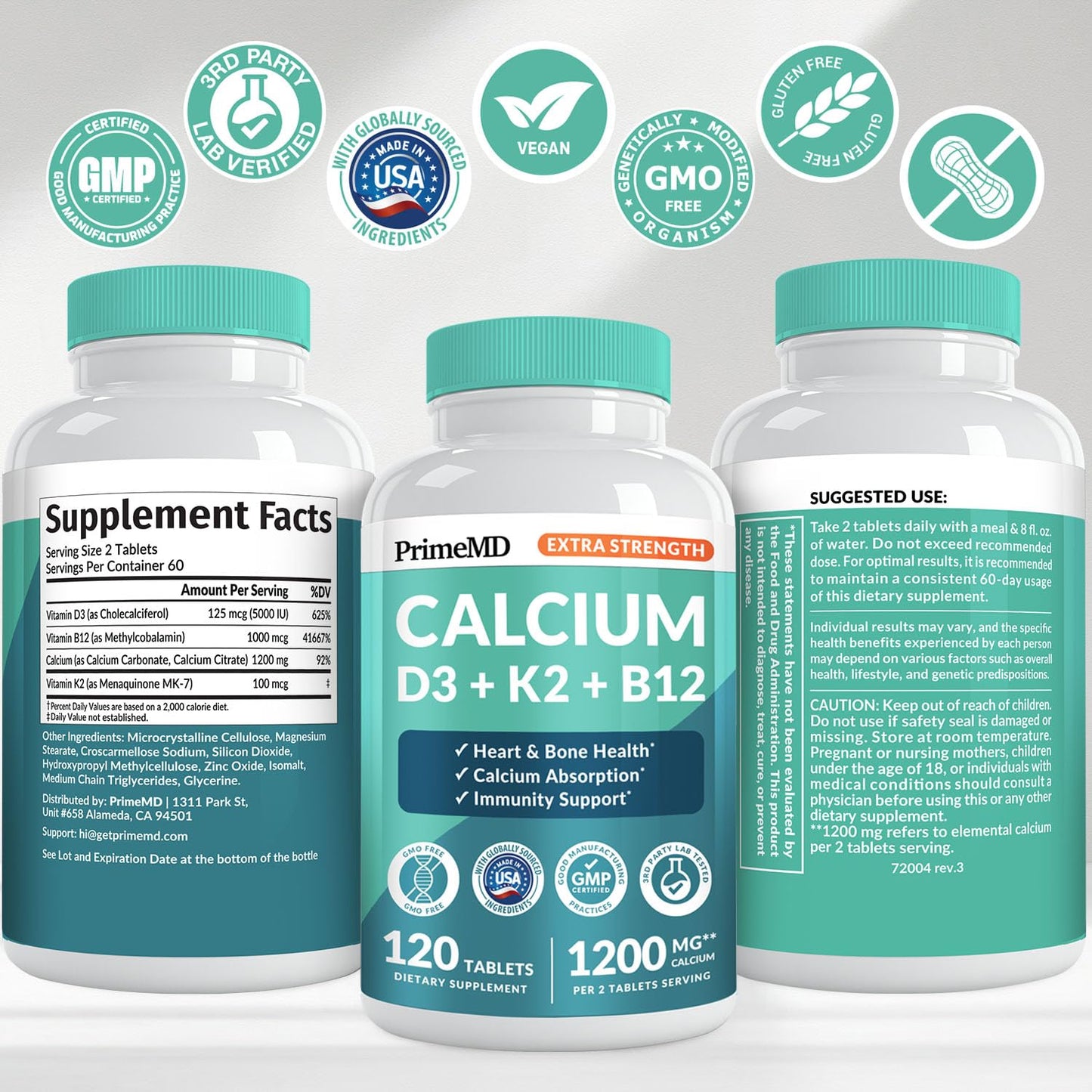PrimeMD 4-in-1 Calcium 1200 mg with Vitamin D3 & K2 โ Vegan Supplement (120 Count)