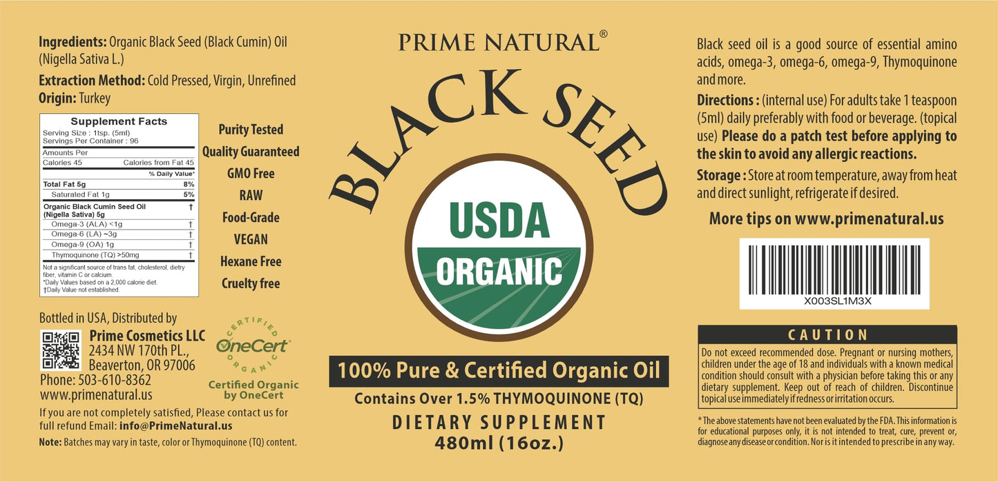 Prime Natural Organic Black Seed Oil 16oz โ Cold Pressed, 1.7% Thymoquinone, USDA Organic, Turkish Origin